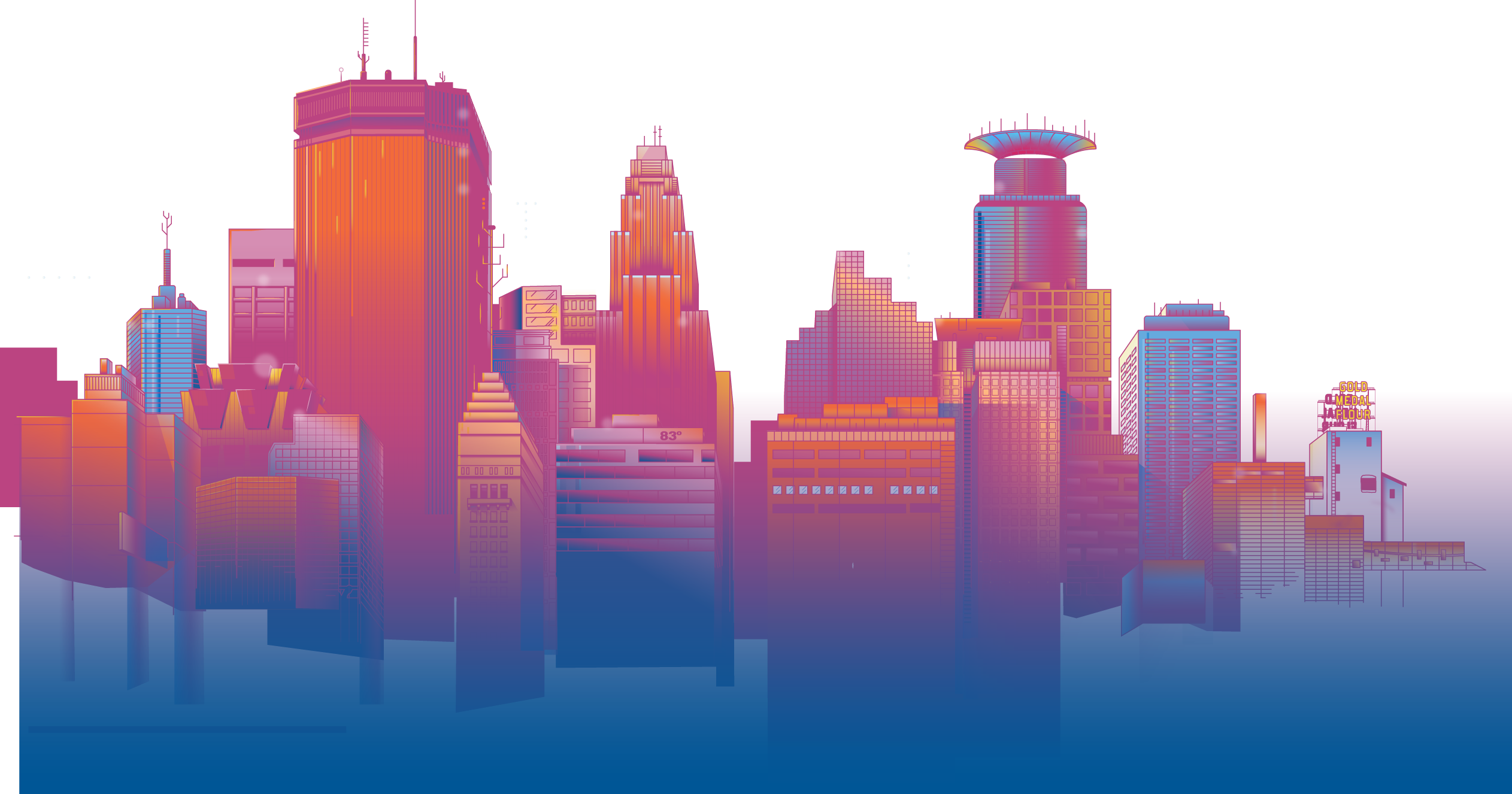 Colorful illustration of a sunset washing across the city