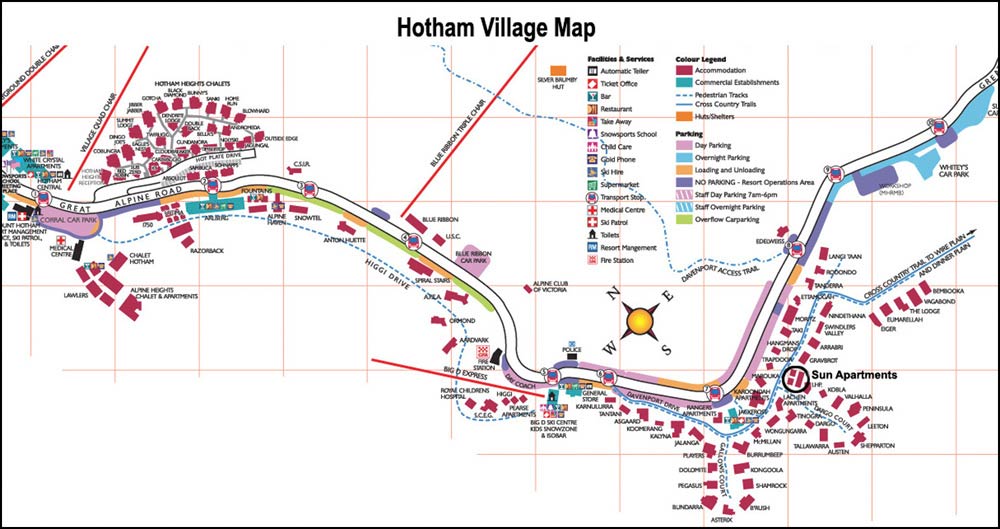 Mt Hotham Village Map Sun Apartments, Mt Hotham On-Snow Accommodation Location & Trail Map