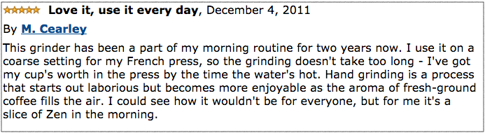 Amazon review of happy hand coffee grinder owner