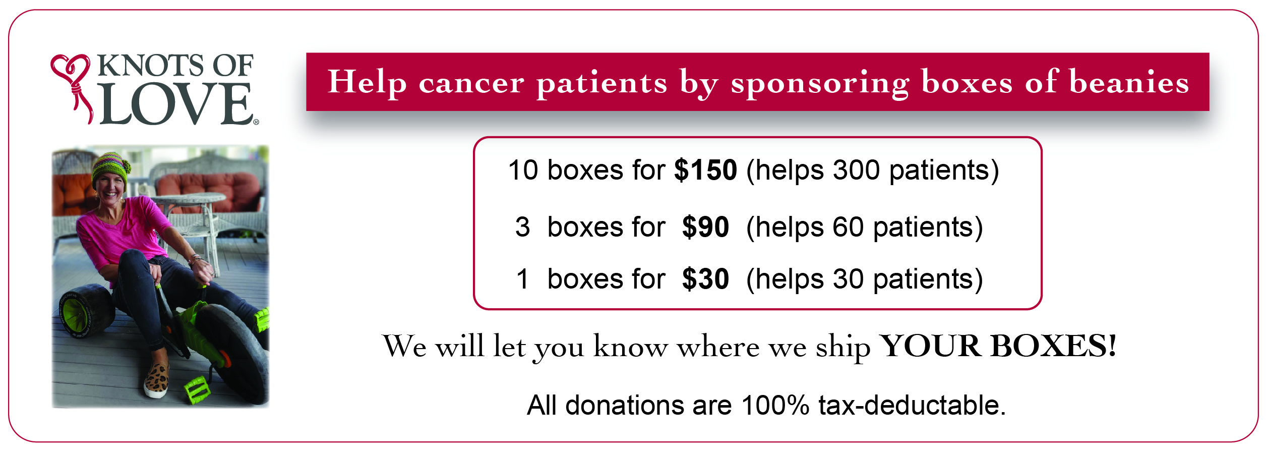 Sponsor a Box of beanies and we will send them in your name, and let you know where we sent them!