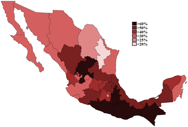 Mexican states by poverty rates in 2010