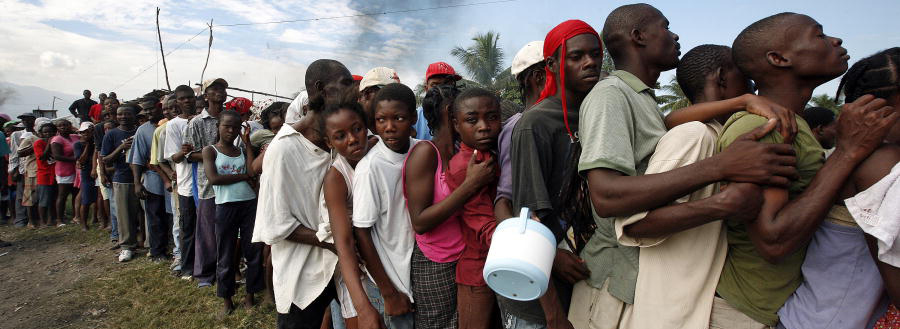 Queuing for food and water in Haiti