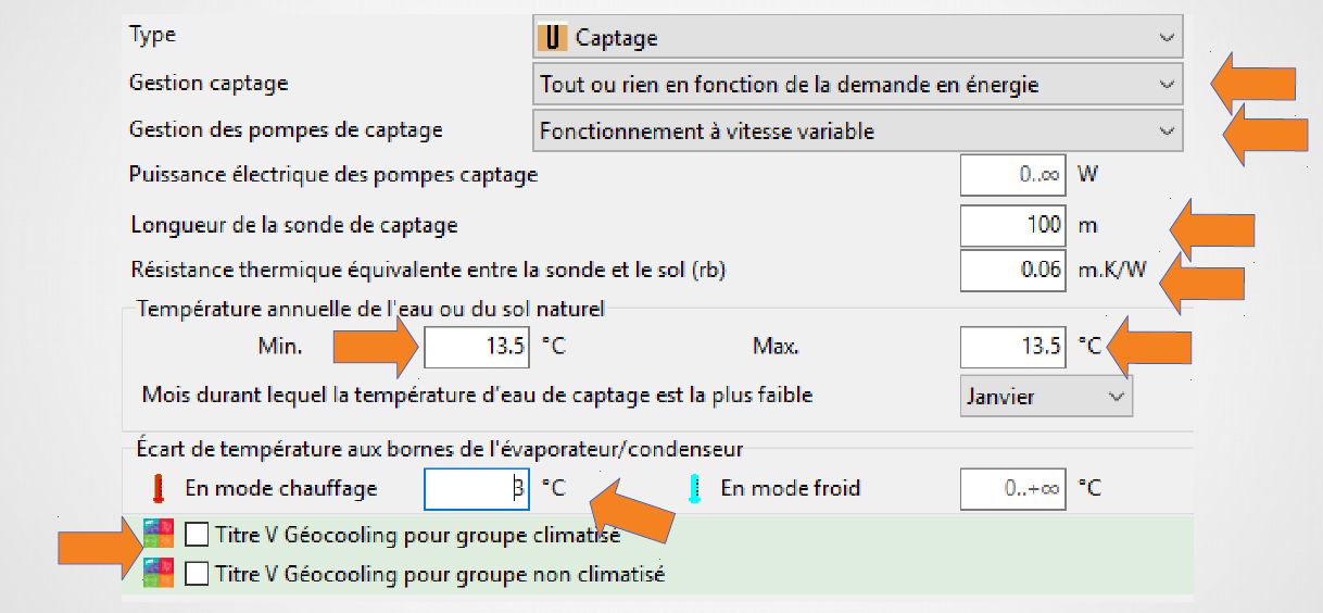Paramètres de captage sur logiciel RT2012 - Source AFPG