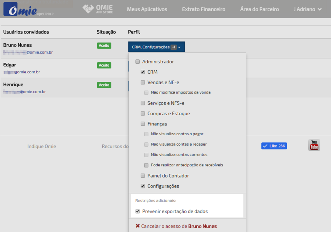 E depois configurar o “Perfil” de cada usuário ativando a restrição “Prevenir exportação de dados”