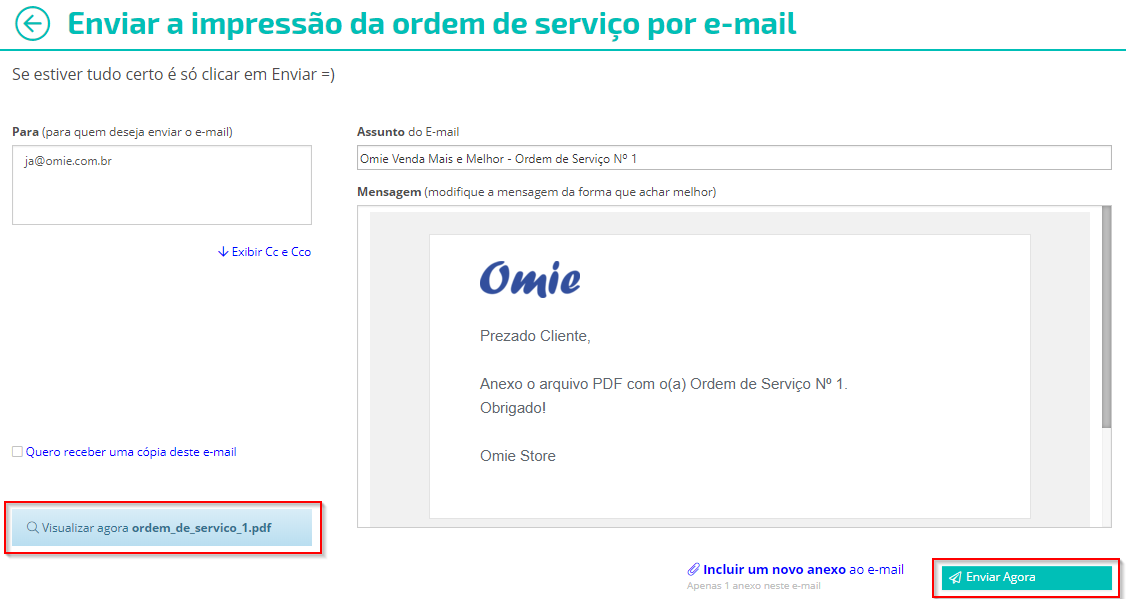 Enviar a impressão da ordem de serviço por e-mail