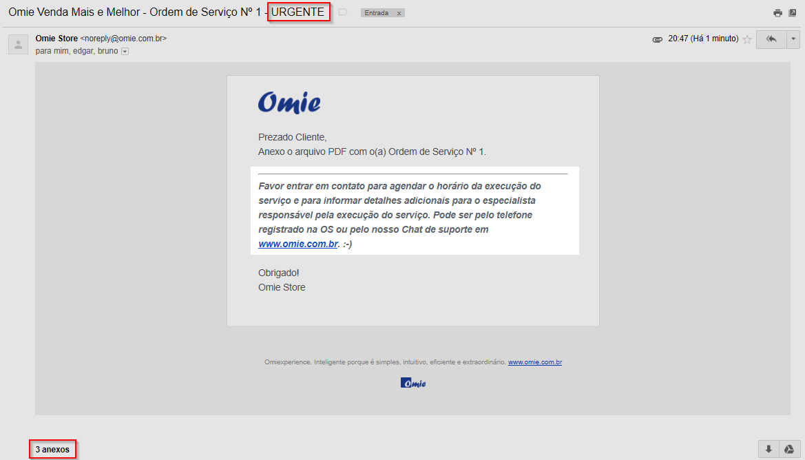 E-mail enviado com o assunto modificado, mensagem personalizada e com os anexos adicionais