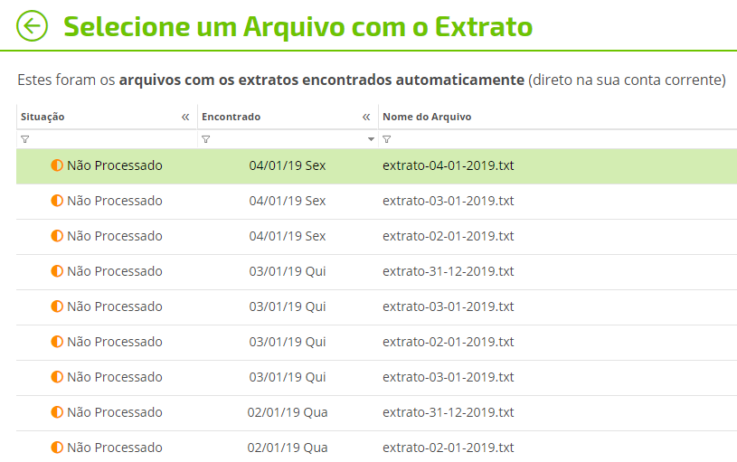 Ao buscar automaticamente direto do Internet Banking o sistema apresenta os arquivos OFX, que foram obtidos automaticamente, para você realizar a conciliação bancária.