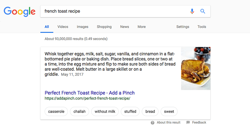 Google rich results showing a recipe for french toast