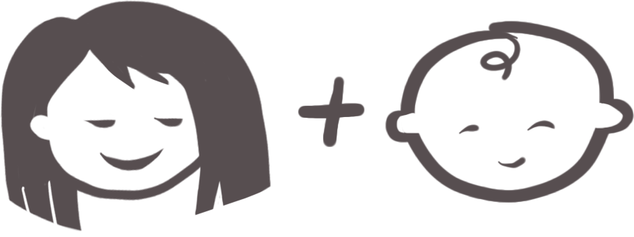 Hand-drawn illustration in dark gray of a woman plus a baby, joined together with a plus symbol