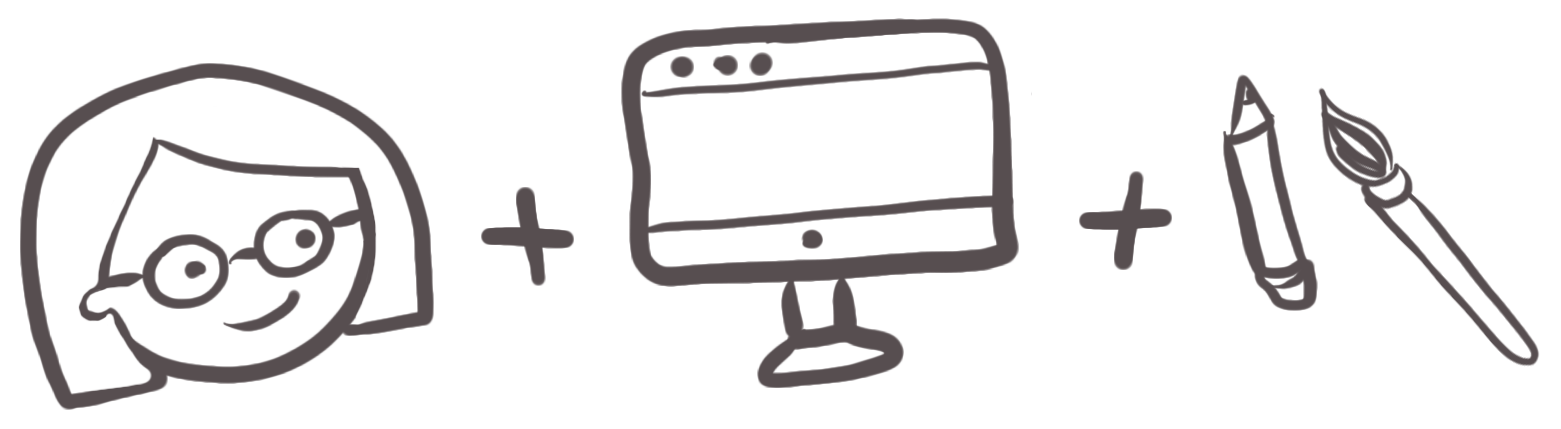 Hand-drawn illustration in dark gray of a woman with glasses plus a computer monitor plus a pencil and paint brush, all joined together with plus symbols in between each drawing