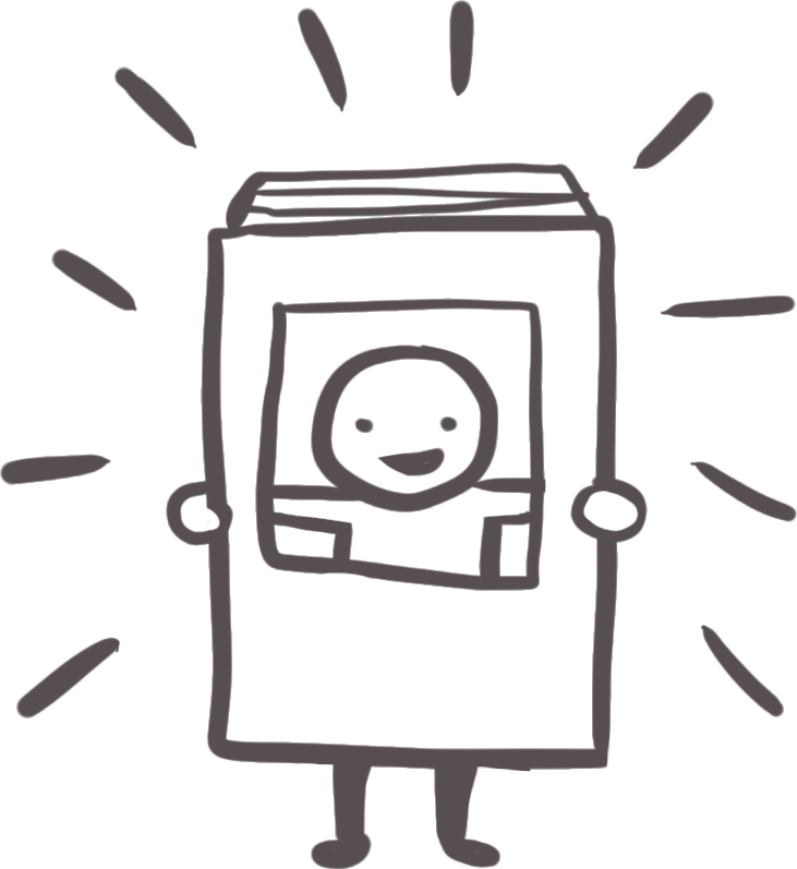 Hand-drawn illustration in dark gray of a child inside of a book with a cut-out on the book cover so that his face is visible