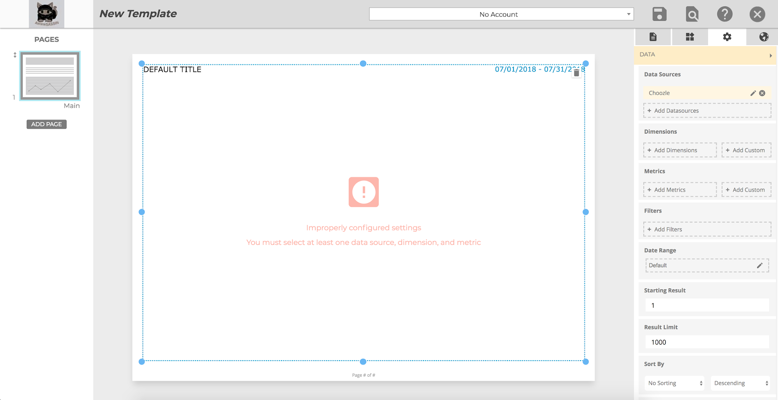 After adding a data source you can select dimensions and metrics to report on