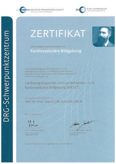 Zertifikat DRG Schwerpunktzentrum Herz-CT CCB