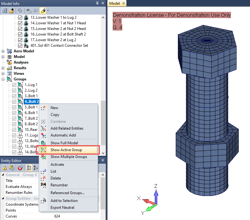 sol 401, sol 402, multi-step nonlinear, bolt preload, Отображения только активной группы модели в графическом окне