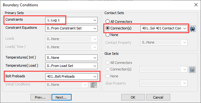 sol 401, sol 402, multi-step nonlinear, bolt preload, Диалоговое окно граничных условий Boundary Conditions первого подслучая