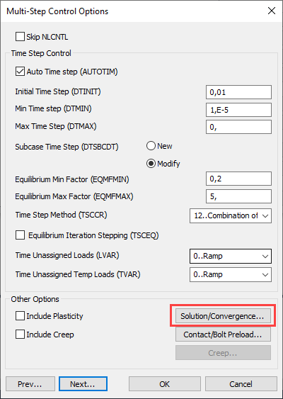 sol 401, sol 402, multi-step nonlinear, bolt preload, Диалоговое окно Multi-Step Control Options