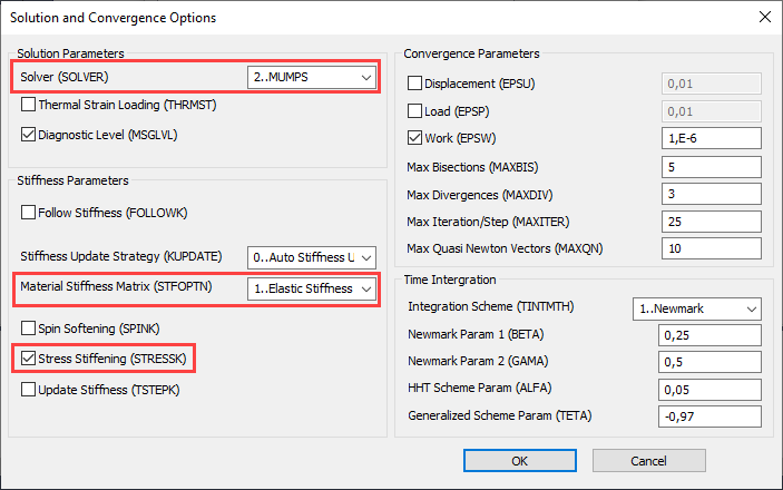 sol 401, sol 402, multi-step nonlinear, bolt preload, Параметры сходимости в диалоговом окне Solution and Convergence Options