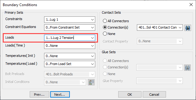 sol 401, sol 402, multi-step nonlinear, bolt preload, Диалоговое окно граничных условий Boundary Conditions для второго подслучая