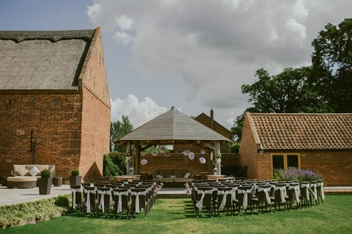 An outside wedding venue all dressed and ready with no wedding guests to attend.