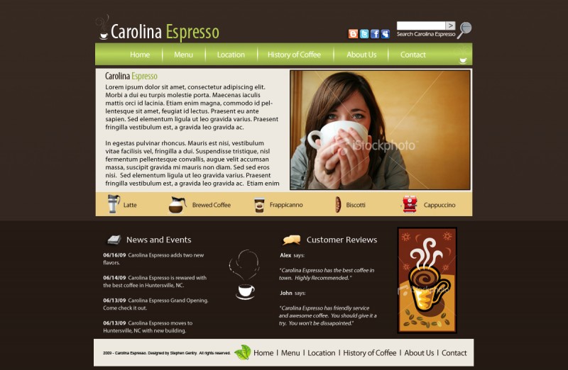 cafe wireframe with a stock image of woman drinking coffee