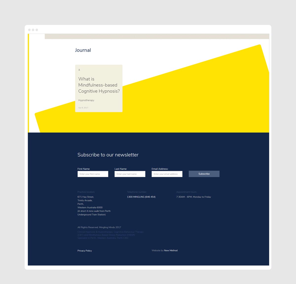 Photo of Mingling Minds website homepage bottom by New Method