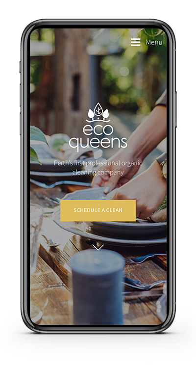 Photo of mobile showing EcoQueens website homepage