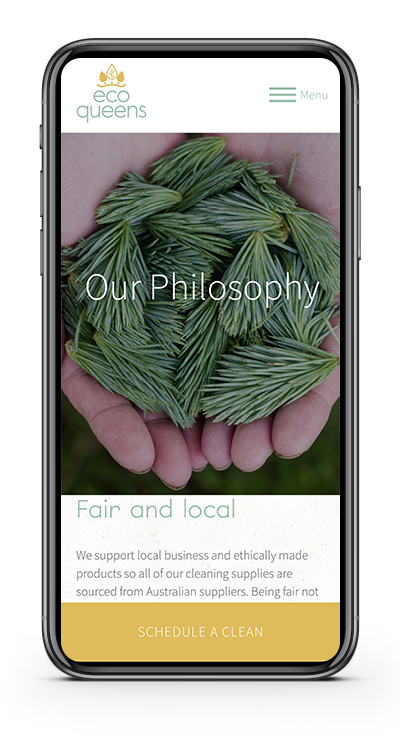 Photo of mobile showing EcoQueens website philosophy page