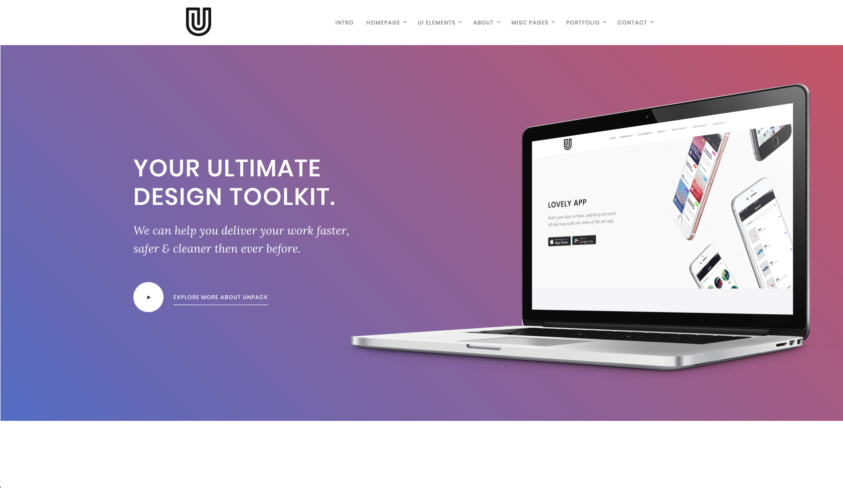 Homepage of a Webflow template called Unpack.
