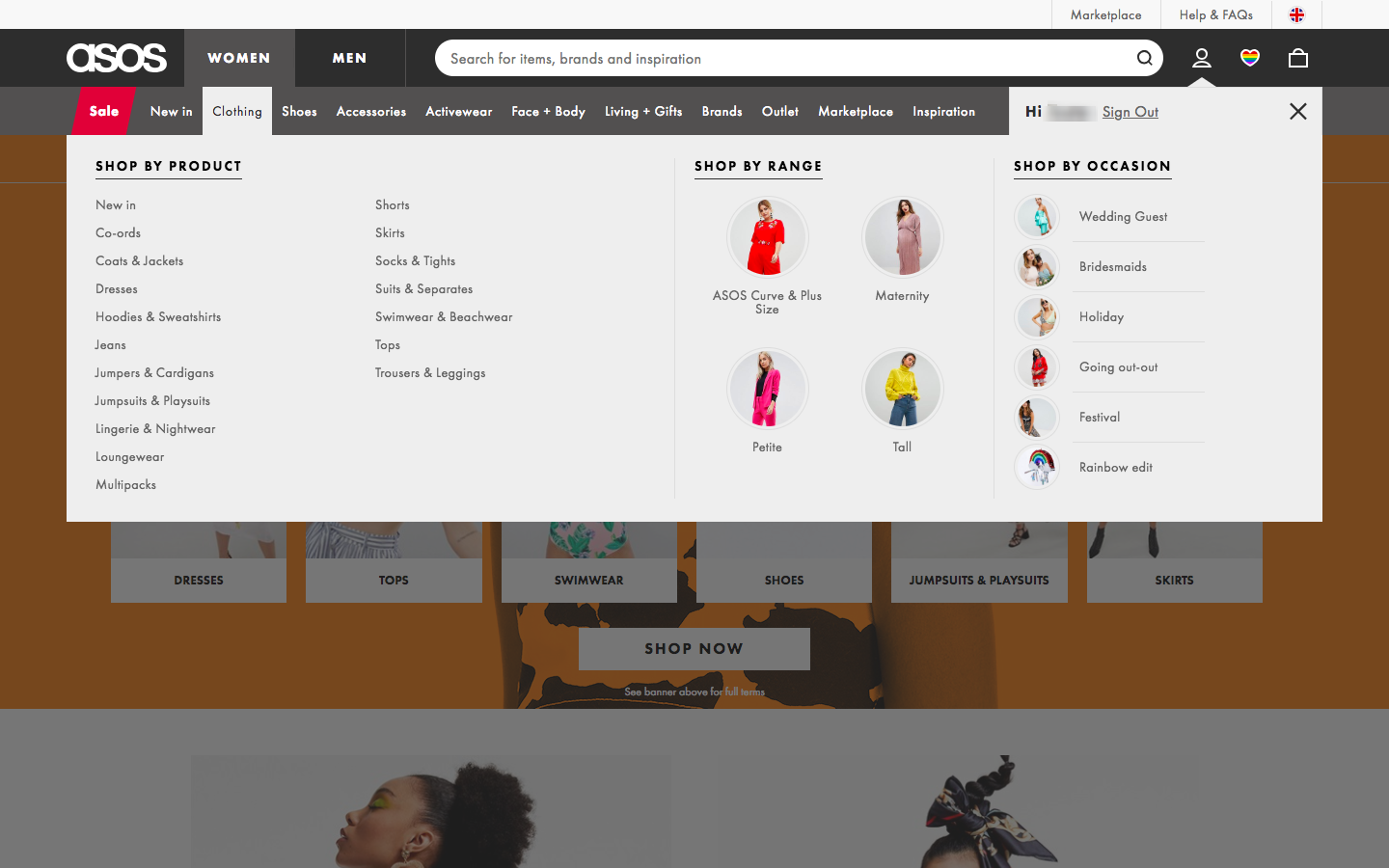 Asos website meganav with clearly categorized links