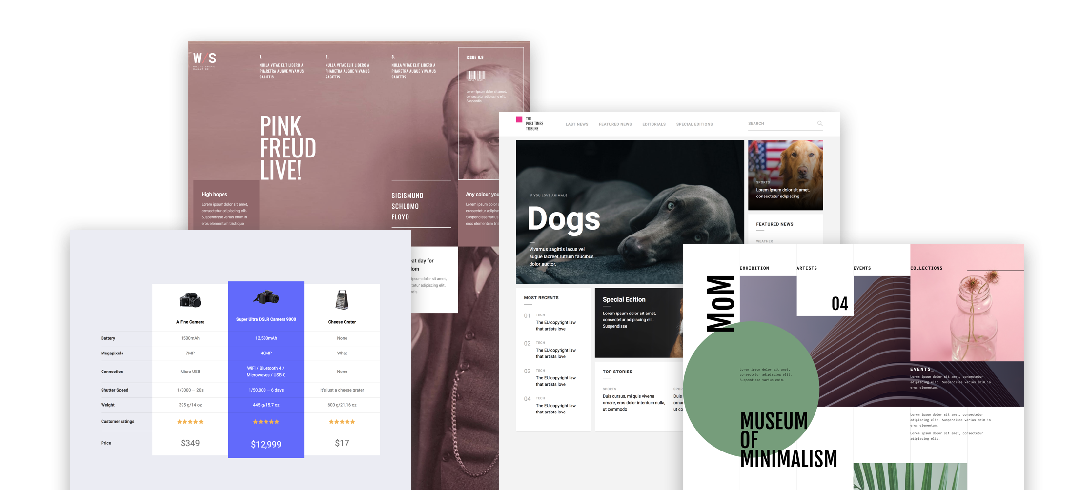 A sampling of layouts that are much easier to build with grid. Hint: we made these four layouts cloneable — click the image to find them in our showcase.
