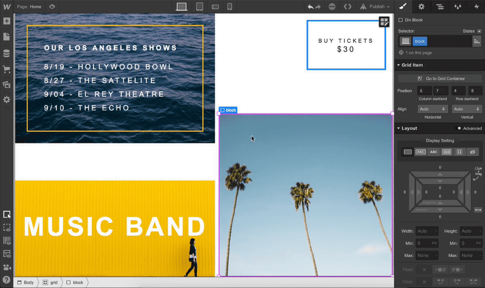 Reposition and resize grid children directly on the canvas in Webflow.