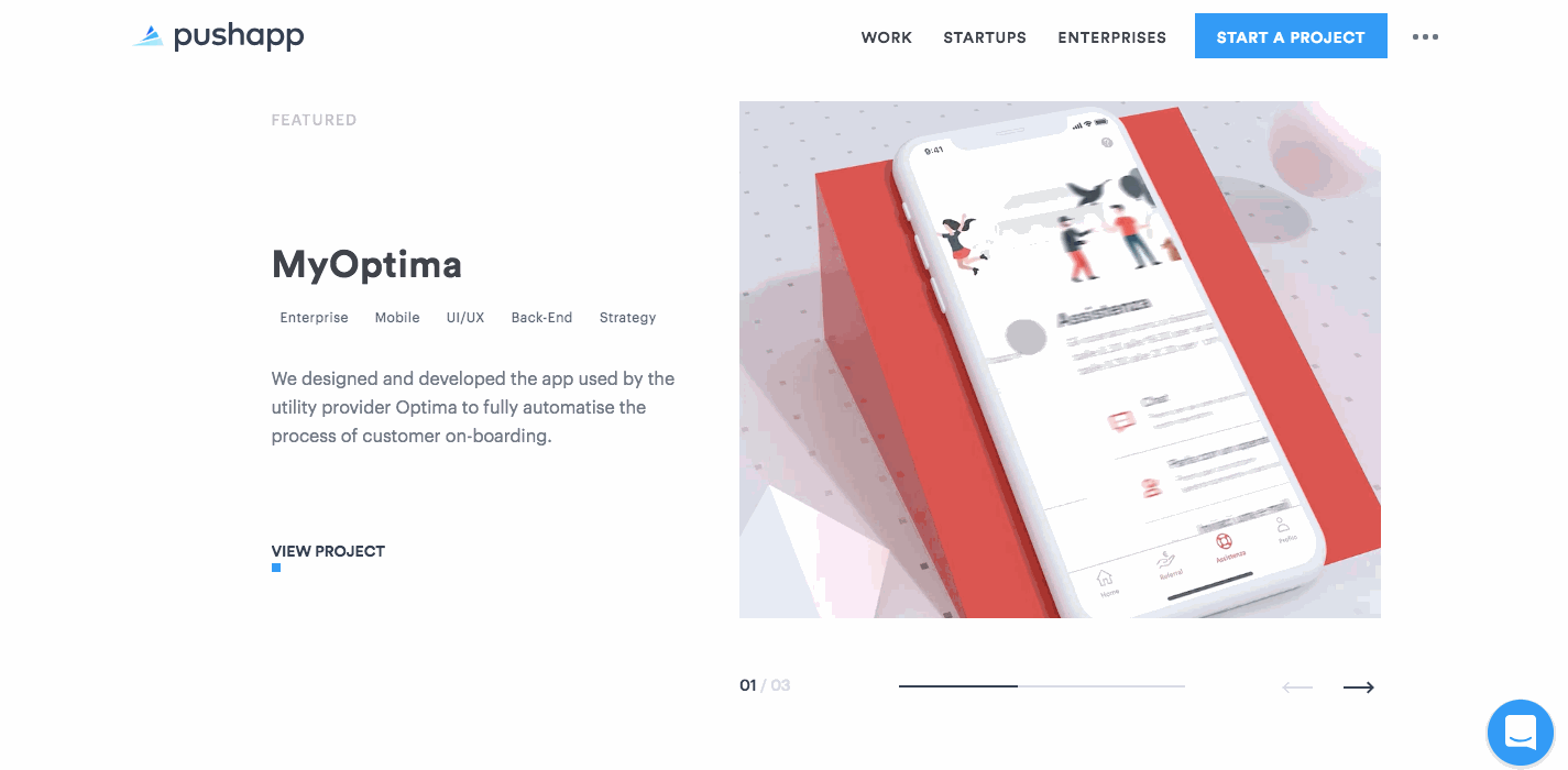Featured projects page from Pushapp.