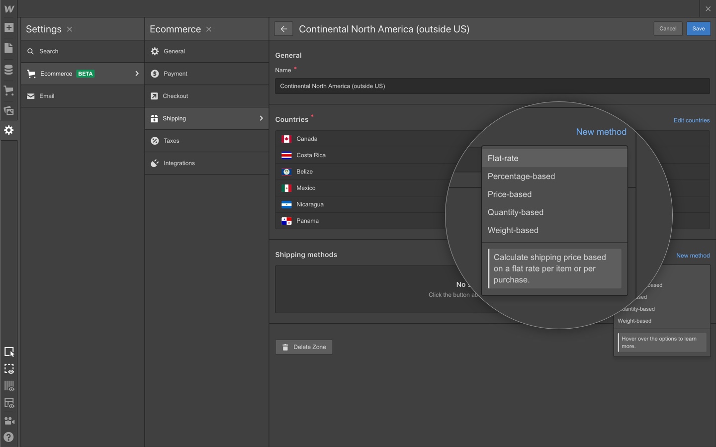 Set different shipping methods for different regions.