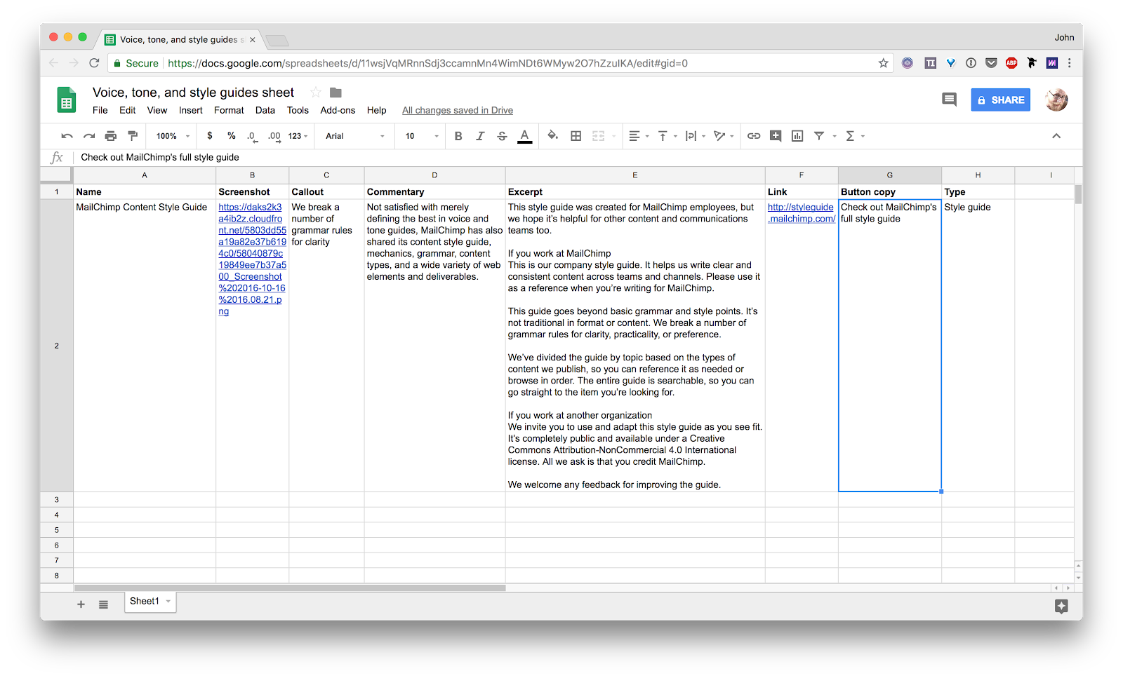 Google spreadsheet for Voice, tone, and style guides