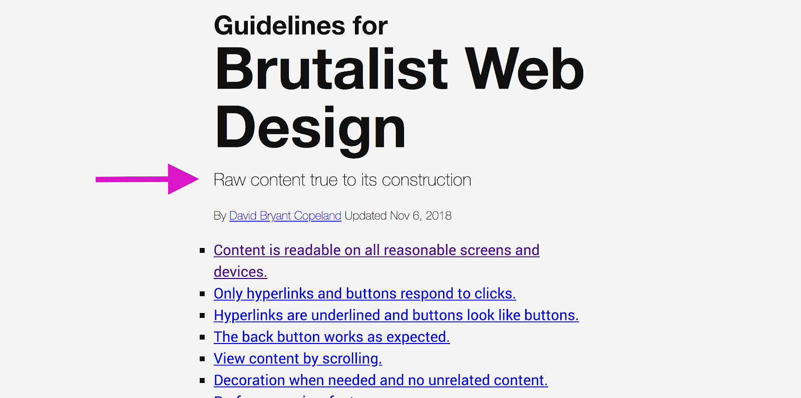 Diretrizes para Brutalista Web Design com seta rosa apontando para copiar que lê, "Raw conteúdo fiel à sua construção"