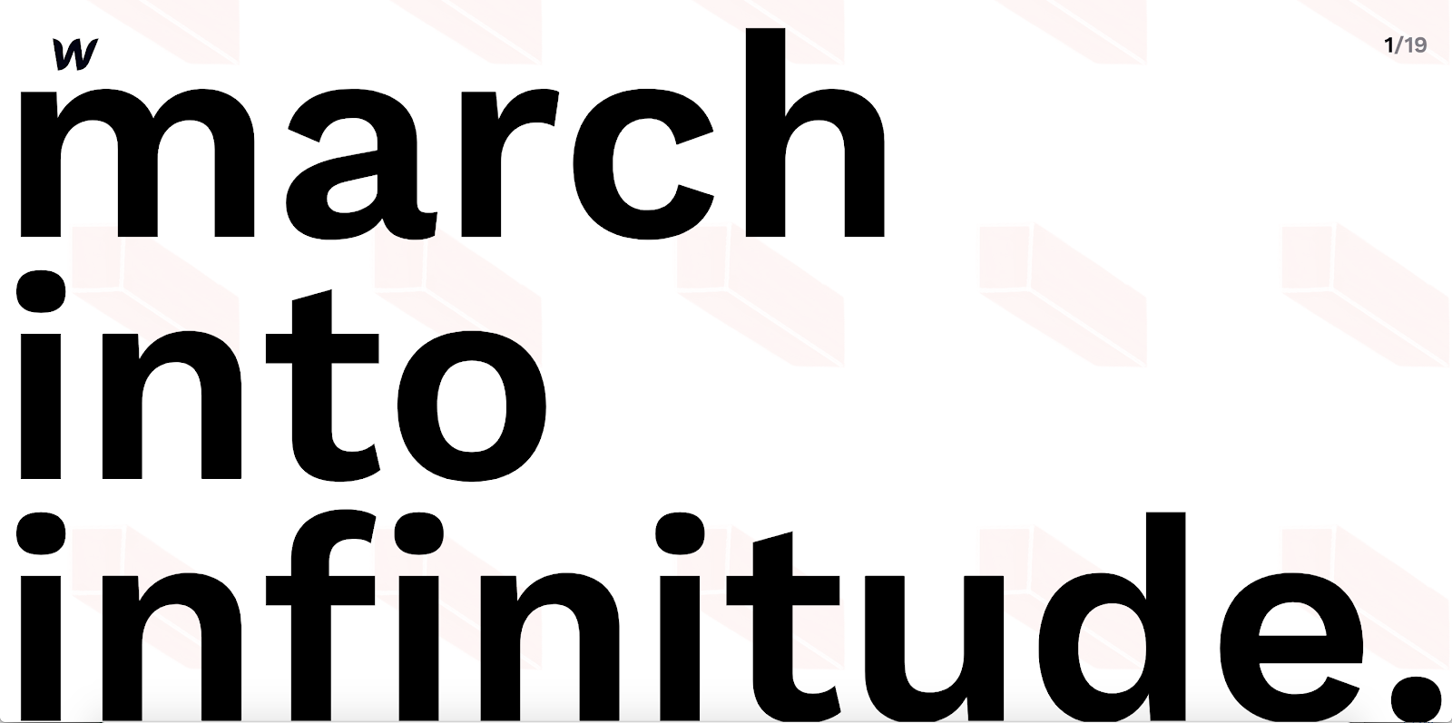 O texto grande e preto preenche a seção do herói em um fundo branco. Uma palavra por linha diz: "marcha em infinitude"