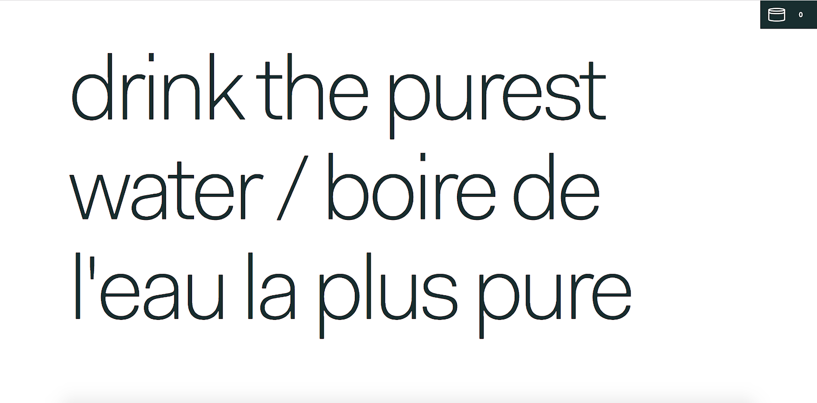 O texto da landing page do Rolling Flowers que preenche a seção do herói e diz: "beba a mais pura água / boire de l'eau la plus pure"