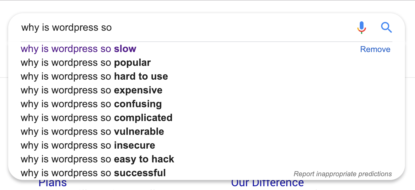 Google search query with words "why is wordpress so" typed in search bar. Autocomplete predictions include: slow, hard to use, expensive, confusing, complicated, vulnerable, insecure, easy to hack.