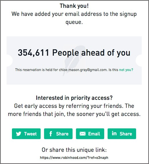 Sign-up confirmation screen reads: Thanks you! We have added your email address to the sign up queue 354,6111 People ahead of you
