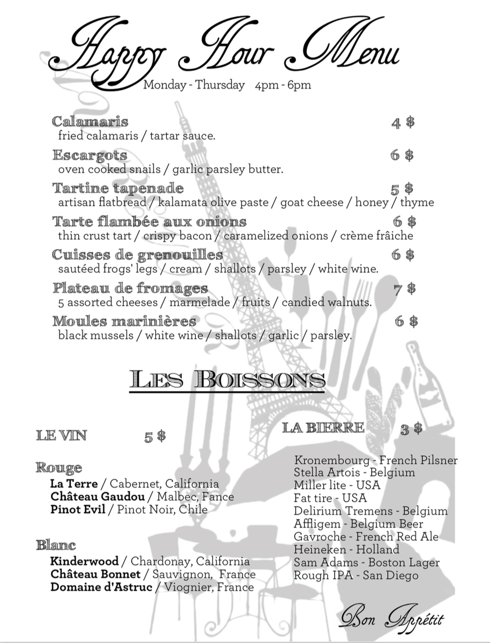 Happy Hour Menu Au Revoir French Bistro