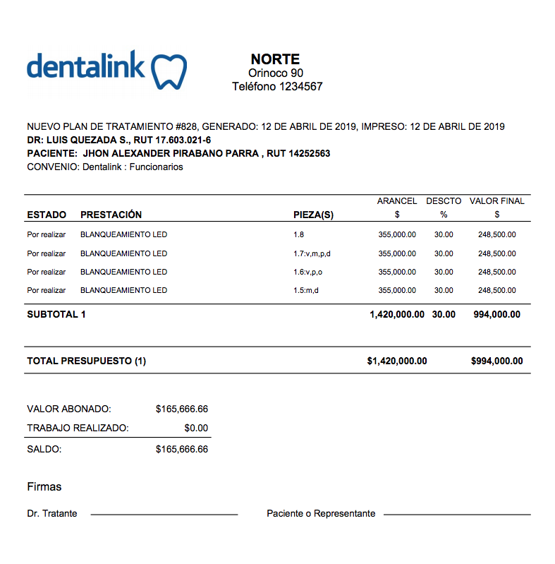 Plan de tratamiento impreso dentalink