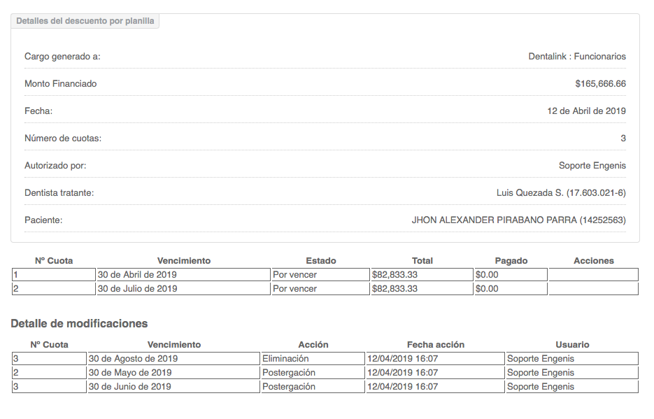 planilla de documentos dentalink