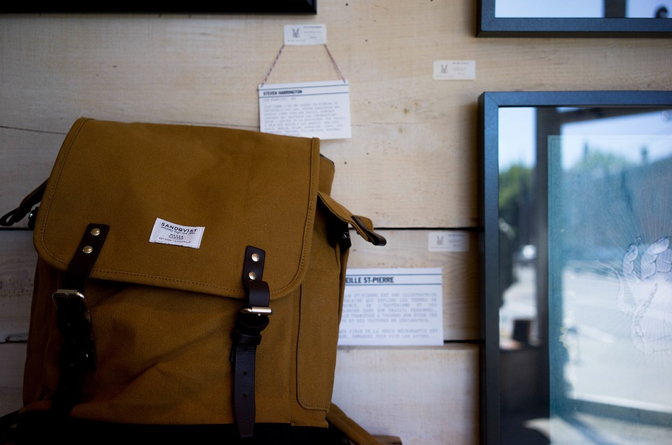 close-up of a messenger bag siting on a desk
