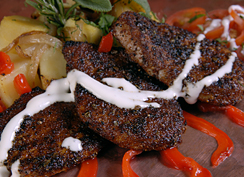 Chile Spice Rubbed Pork Medallions with Lyonnaise Sweet Potatoes