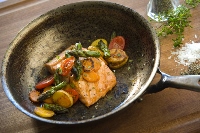 Grilled Sockeye Salmon with Roasted Garlic Aioli and Asparagus Fingerling Ragout