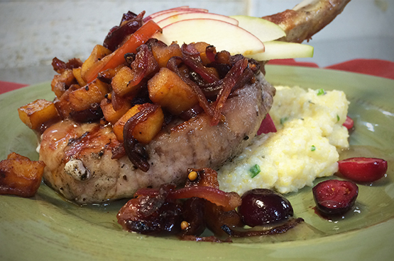 Pan Seared Pork with Granny Smith Apple Chutney & Creamy Herb Polenta