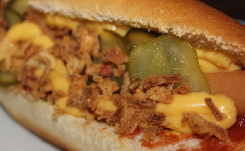 close-up of a loaded hot dog