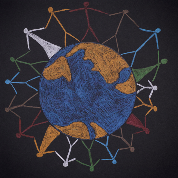 stick figures holding hands across the globe
