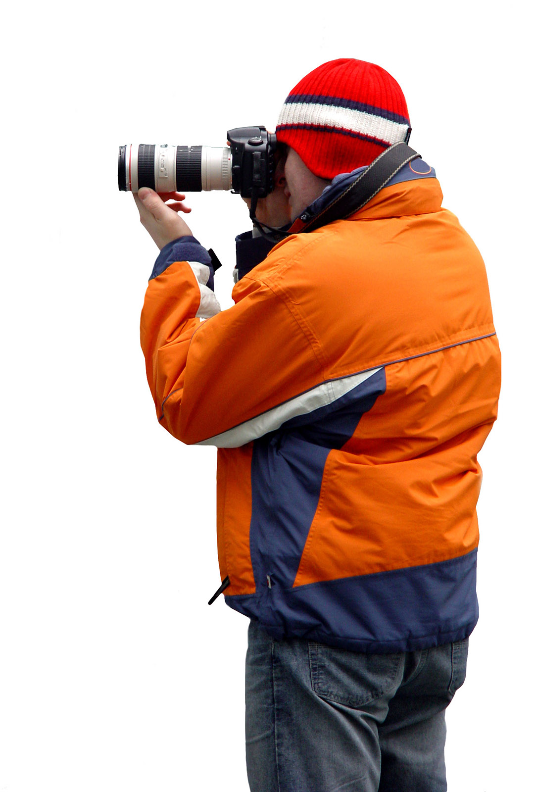 foto van man die foto maakt met grote lens op camera