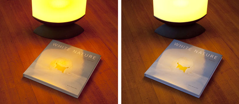 foto lamp en dvd op tafel, Links: Automatische witbalans, rechts: Witbalans met Expodisc. Beide opnamen diafragma F11, sluitertijd 1,3 S In deze opnamen is kunstlicht en daglicht gecombineerd.